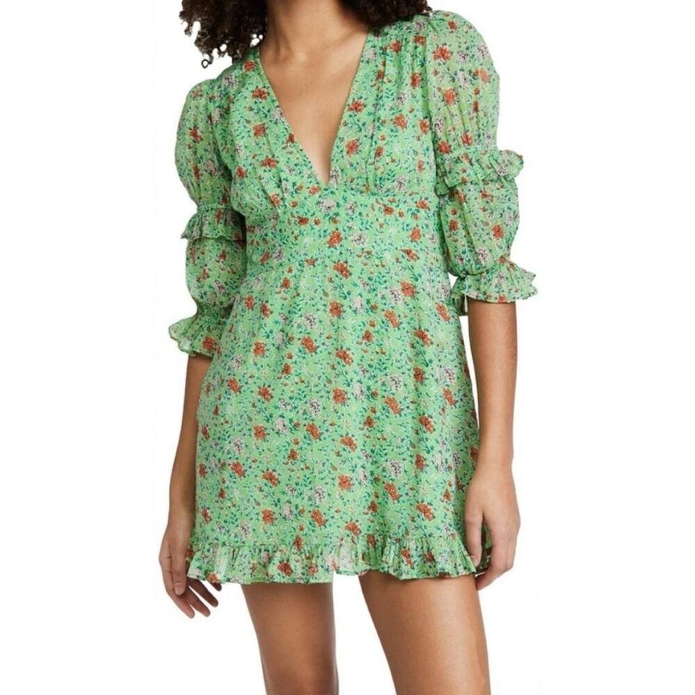Banjanan Masie Puff Sleeve Ruffle Trim Mini Dress Siesta Budgreen Floral Large
